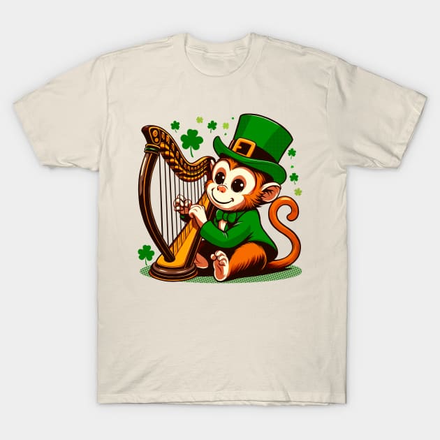 St. Patrick’s Day Monkey Playing Harp T-Shirt by Ghost on Toast